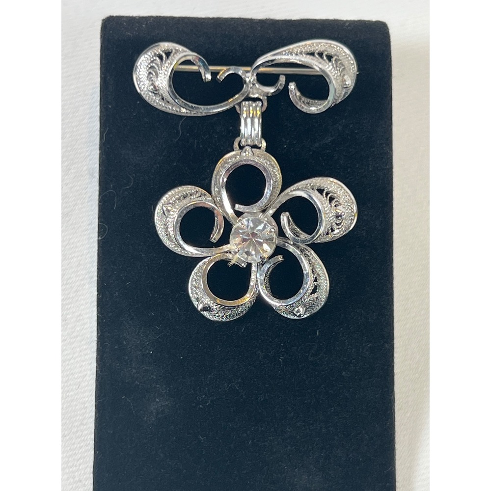 Vintage Sterling Silver Filigree Flower Drop Brooch Rhinestone Pin